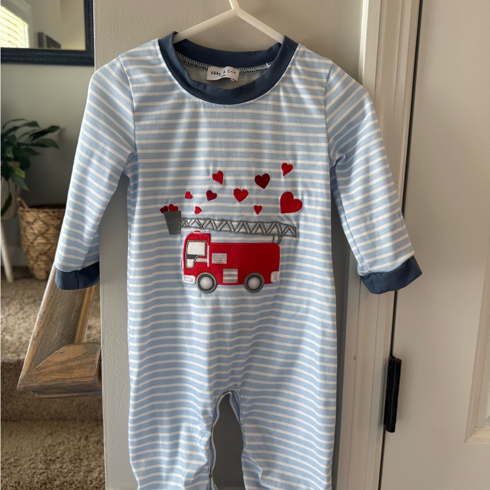Blue and Red Bodysuit with Fire Truck Design
